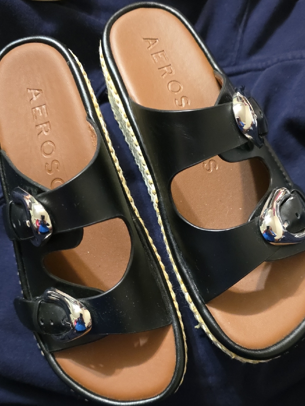 AEROSOLES Platform Black Slide Sandals with Silver Buckles Size 7 Retail $125